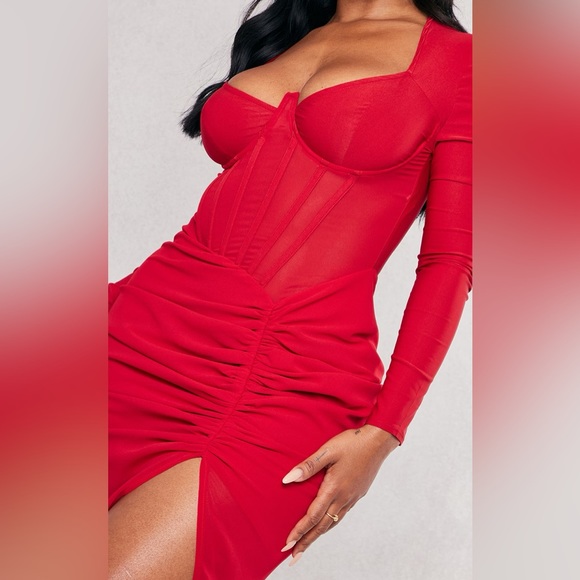 Pretty Little Thing Red Corset Detail Long Sleeve Ruched Midi Dress - Picture 2 of 6